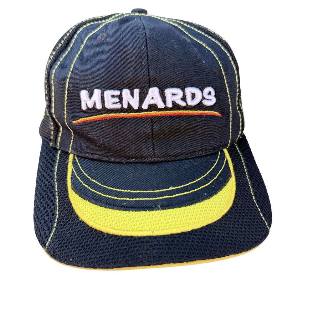 Menards Hat Cap Strap Back One Size Black Yellow Mesh Trucker Racing 98 Men's